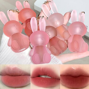 6 Colors Velvet Matte Liquid Lipstick set Cute Rabbit Lip Glaze 2 in 1 Key Chain Lip Gloss Lip Stain Waterproof NonStick Cup Long Lasting Lip Clay Cute Lip Makeup for Girls A