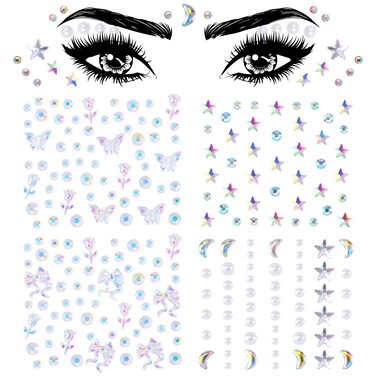 OIIKI 4 Sheets Star Face Eye Stickers Star Jewelry Eye Body Sticker Acrylic Crystal Face Gems Halloween Moon Pearls Butterfly Face Makeup Stickers 4 Styles Rhinestone Tattoos for Women Girls