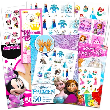 Disney Tattoos Party Favor Set for Girls  150 Temporary Tattoos Featuring Minnie Mouse Disney Princess and Frozen with Stickers and Door Hanger 6 Tattoo Sheets