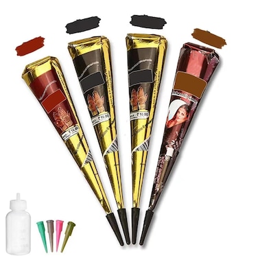 Temporary Tattoo kit4Pcs Tattoo Cones100 Natural Ready to Use Black Tattoo Paste India Body DIY Art Painting for Women Men Kids with 20 Adhesive Stencils 1 Bottle 4Nozzles