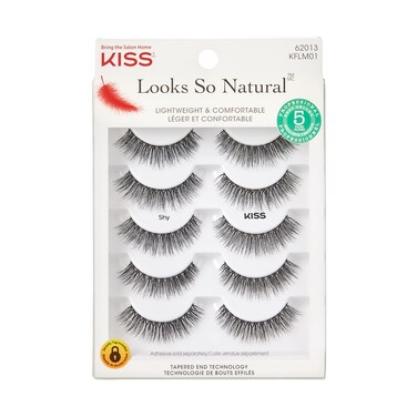 KISS Looks So Natural False Eyelashes Shy 12 mm Includes 5 Pairs Of Lashes Contact Lens Friendly Easy to Apply Reusable Strip Lashes Glue On