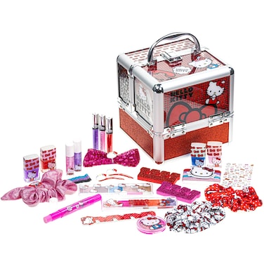 Hello Kitty  Townley Girl Train Case Cosmetic Makeup Set Includes Lip Gloss Eye Shimmer Nail Polish Hair Accessories  More For Girls Ages 3 Perfect for Parties  Makeovers