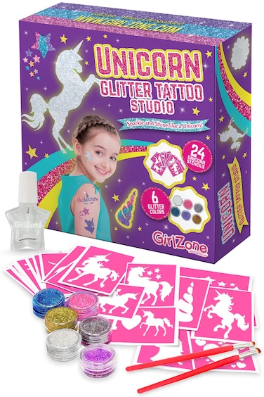 GirlZone Unicorn Glitter Tattoo Studio Easy To Use and SkinSafe Kids Temporary Sparkle Tattoos for Creative Playtime Fun Party Crafts for Kids