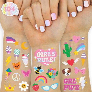 xo Fetti 104 Kids Temporary Tattoos  Birthday Girl Party Favors DIY Home Activity Gift Cute Temp Tats Princess Girl Power Flower Rainbow