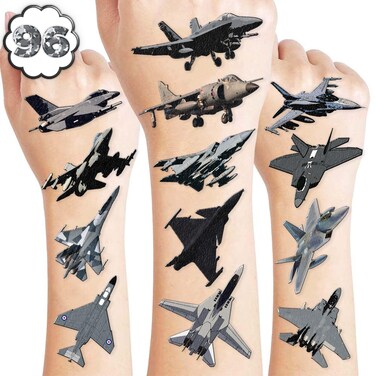 8 Sheets 96PCS Fighter Jet Temporary Tattoos Themed Birthday Party Supplies Decorations Favors Stickers for Kids Boys Girls Gifts Classroom School Prizes Rewards