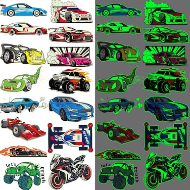Ooopsiun Luminous Race Car Supplies Temporary Tattoos for Boys 12 Sheets Glow in The Dark RaceCar Tattoos Decorations Supplies Favors for Kids Boys Men