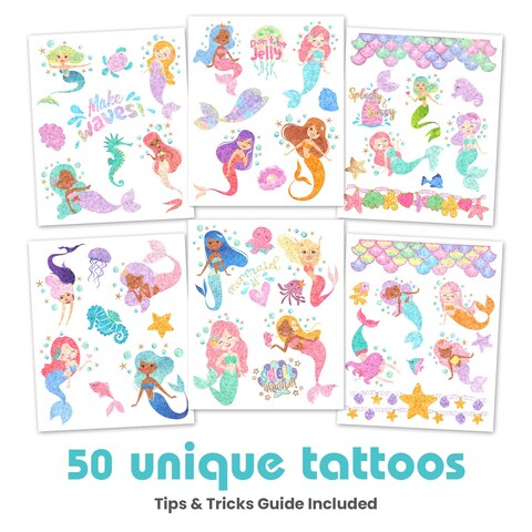 Savvi50 Mermaid Dream Temporary Tattoos Glitter SkinSafe Ink Great for Birthday Parties Gifts for Boys and Girls Ages 412 Made in the USA 6 sheets 50 count