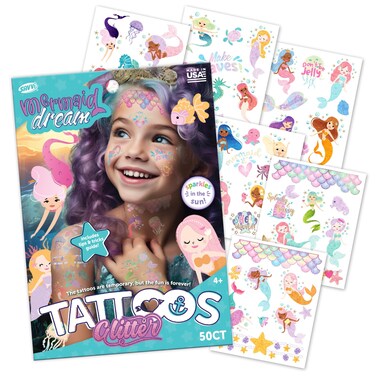 Savvi50 Mermaid Dream Temporary Tattoos Glitter SkinSafe Ink Great for Birthday Parties Gifts for Boys and Girls Ages 412 Made in the USA 6 sheets 50 count