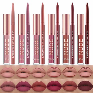 12Pcs Lip Liner and Lipstick Makeup Set 6 Matte Nude Liquid Lip Stick With 6 Matching Smooth Lipliner pencil All in One Waterproof Long Lasting Lipgloss GirlsWomen Lips Makeup Gift Set