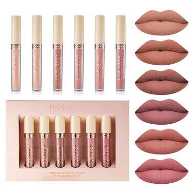 BONNIE CHOICE 6Pcs Nude Matte Liquid Lipstick Set Waterproof Long Lasting NonStick Cup Nude Lipstick 24 Hour Not Fade Matte Lipstick Professional Lip Gloss Makeup Christmas Gift Sets for Women