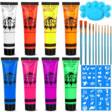 UV Blacklight Neon Face and Body Paint 8 Tubes 084oz Glow in the Dark Body Paints Neon Fluorescent Glow in Dark Party Supplies