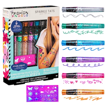 Fashion Angels Sparkle Tats Body Art Set  Temporary Tattoo Pens Washable  Shimmery Tattoo Body Ink 6 Tattoo Body Markers Set with Stencil Stickers for Kids 8 Multi 12674