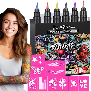 JimGloria Face Body Tattoo Pen Washable Skin Markers 6 Colors Painting Kit Tween Teen Girls Gifts Ideas 7 8 9 10 11 12 13 14 Years Old Teenage Trendy Stuff Fun Cool Birthday Makeup Paint Kids Adults