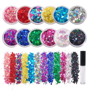 12 Pack  MultiColored Face  Body Glitter  Glue Included  Rainbow Chunky Glitter  Uses Include Festival Rave Makeup Face Body Nails Resin Arts  Crafts Resin Tumblers Bath Bombs
