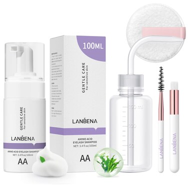 LANBENALash and Eyelash Cleanser Kit 100ml  Amino Acid Foam for Sensitive Skin Makeup Remover Paraben  Sulfate Free