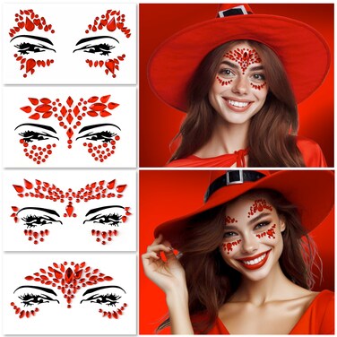 Face Gems Face Jewels  Self Adhesive Face Glitter Jewel Tattoo Sticker Festival Gems Rave Party Body MakeUp Rhinestone Gems for Eyes Face Body face gems for festivals Halloween 4 PCS RED