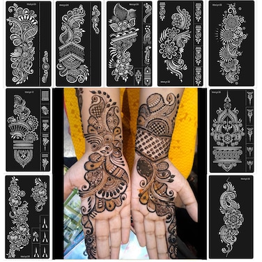 Henna Stencils 9 Sheet Henna Tattoo Kit Reusable Henna Stickers for Hand Forearm Indian Arabian Self Adhesive Tattoo Templates