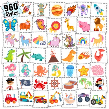 Partywind 960 PCS Individually Wrapped Tattoos for Kids Bulk Cute Temporary Tattoo Stickers for Birthday Party Supplies Favors Fake Tattoos for Kids Christmas Games 20 Sheets