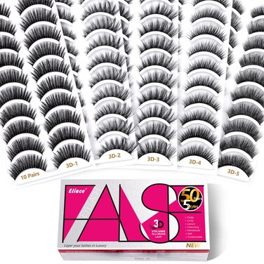 EliaceFalse Eyelashes Kit Cat Eye Mink Lashes 50 Pairs Super Value Pack with 5 Stylish Styles Volume 3D Faux Mink Lashes Curly  Full Fake Eyelashes for a Natural Look Eye Lashes Sets Pack
