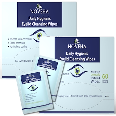 NOVEHA 120Pcs Daily Hygienic Eyelid  Lash Wipes  120 Individually Wrapped Cleansing Eyelash Wipes  For Blepharitis  Itchy Eyes Demodex and Natural Makeup Remover  Daily Cleanser 2 Pack