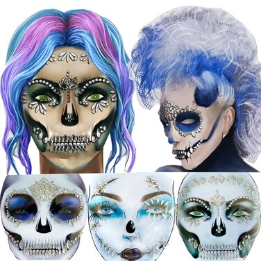 Day of the Dead Face Jewels Tattoo JackOLantern Temporary Face Tattoos Rhinestone Face Jewels Tattoo Stickers for Men Women Kids Halloween Festival Rave Party Cosplay Makeup