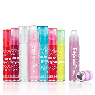 Expressions 8pc RollerBall Glitter Lip Gloss Set 8 Assorted Fruit Flavored Roll On Rollerball Lip Gloss for Kids Safe Non Toxic Kids Makeup Set