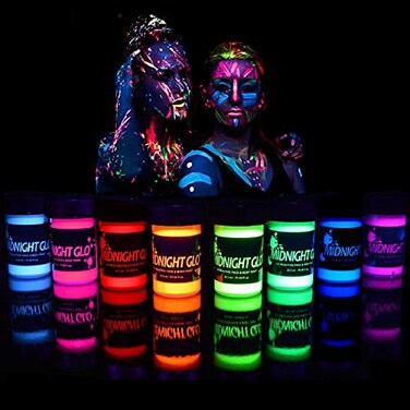 Midnight Glo Black Light Face and Body Paint Set of 8 Bottles 075 oz Each  Neon Fluorescent Paint Safe On Skin Washable NonToxic