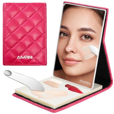 Makeup Foundation Mixing Palette Kit  Alyfini Quilted Leather Foldable Compact Travel Mirror with 100 Disposable Mixing SheetsSpatula Applicator Tool for Beauty Cosmetics Color Mixer Nail Concealer