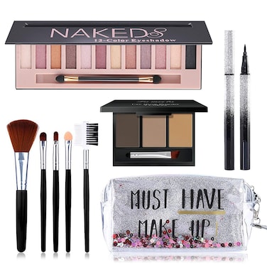 All in One Makeup Kit Includes 12 Colors Naked Eyeshadow Palette 5Pcs Makeup Brushes Waterproof Eyeliner Pencils Eyebrow Powder and Quicksand Cosmetic Bag Gift Set for Women Girls  Teens