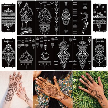 DIVAWOO 12 Sheet Henna Tattoo Stencils Hand Temporary Tattoo Stickers Indian Arabian Self Adhesive Tattoo Templates