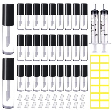 AMORIX50PCS Mini Lip Gloss Tubes with Wand 12ml Empty Containers Clear Refillable Travel Lip Balm Bottles for Samples with 5ml Syringes DIY Lip Gloss Base  Tag Labels Stickers Black