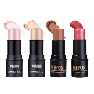 4PCS Contour Stick  Highlighter And Cream Blush Stick 4 Colors Kit  Moisturizer Face Brightens  Shades Pencil Facial Shaping Makeup Sticks for Older Women  Mature Skin