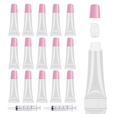 AMORIX50PCS Lip Gloss Tubes Empty 10ml Pink Cap Lip Gloss Containers Lip Balm Tubes Cute Squeeze Tubes Lipgloss Making Supplies  2 x 20ml Syringes Tag Labels for Lip Gloss Base