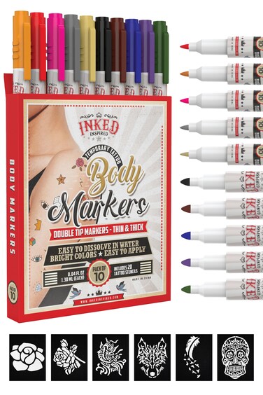 Temporary Tattoo Markers For Skin  Temporary Tattoo Pens With Stencils  Skin and Body Markers  Better Than Henna Tattoo Kit  DualTip Ink Set of 10