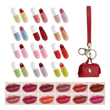 12 Pill Lipstick with 1 Cute Mini Red Leather Bag Keychain Pouch  Mini Lipstick Velvet Matte Smooth and Moisturizing Pill Lipsticks LongLasting Portable and Charming Look All Day Long