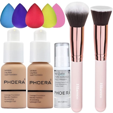 PHOERA Foundation 104 and 105  Face PrimerLiquid Full Coverage Foundation SetFoundation Brush Powder Brush5 Makeup Sponge30ml PHOERA 24HR Matte Oil Control Concealer 104 Buff Beige  105 Sand