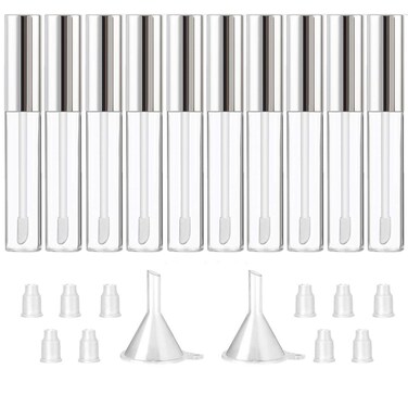 GTHER 10PCS 10ML Empty Lip Gloss Containers Tube with Wand Refillable Lip Balm Bottles Lipstick Sample Container and Funnel and Rubber Stoppers for Girls DIY Lip Samples Silver Top