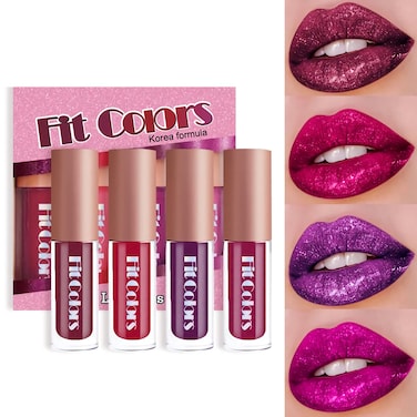 4 Colors Glitter Lipsticks Diamond Shimmer Metallic Lip Stick Set Kit Long Lasting Purple Red Matte to Glitter Sparkle Sparkly Glossy Liquid Lipstick Lip Gloss Set for Women Lips Make up