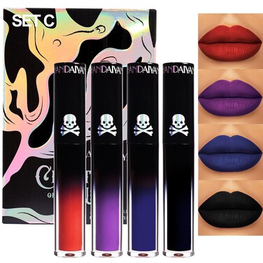 4Pcs Dark Red Purple Blue Black Matte Liquid Lipstick SetsMatte Lipstick Lip Stain Long Lasting 24 Waterproof Lip Gloss Gift Set Matt Liquid Makeup Lipstick for Women Set C