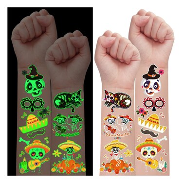 Partywind 100 Styles Luminous Day of the Dead Tattoos for Kids Glow Halloween Day of the Dead Decorations Party Supplies Favors Halloween Day of the Dead Gifts Costume Makeup