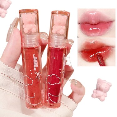 2Pcs Bear Lip Glaze Jelly LipstickLiquid Lipstick Cute Bear Lipgloss Moisturizing Lip Stain Plumping Water Lip Gloss Waterproof Long Lasting Cheek Rouge Tint Cosmetics Bear Beauty Makeup