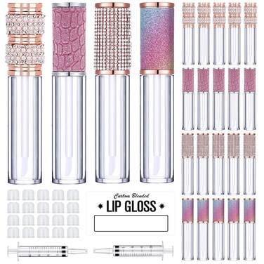 AMORIX 20 Pack Diamond Lip Gloss Tubes with Wand 5ml Empty Rhinestone Cute Lipgloss BottlesContainers Crystal Lip Gloss Supplies Kit  2pcs Syringes  Labels for DIY Lip Gloss Base