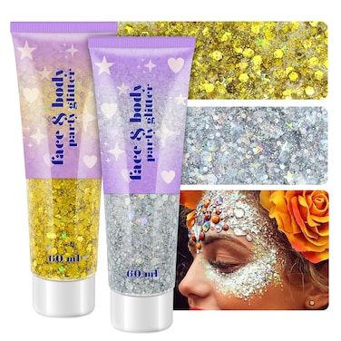 Holographic Face Glitter Gel 120ml Body Shimmer Makeup for for Hair Face Arm Nail Eyeshadow 2 Jars Long Lasting Waterproof Iridescent Sequins Party Glitter for Rave Festival Gold  Silver