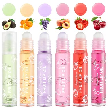 6PCS Fruity Flavors Rolling Ball Lip Oil Set Long Lasting Moisturizing Lip Balm RollOn Lip Gloss Set Glossy Lip Makeup for All Age Transparent Lip Gloss for Dry and Chapped Lips