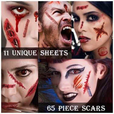 Zombie Makeup 11 sheets Zombie Tattoos Zombie Makeup Kit Halloween Makeup Kit Scar Tattoo Fake Blood Makeup Fake Scars Cuts Vampire Makeup Healthy Makeup for Kids 11 Sheets67 pics Scars