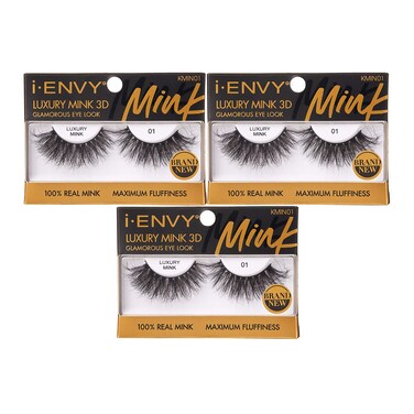 iENVY Luxury Mink Collection False Eyelashes 100 Real Mink Glamorous Eye Look Lashes Maximum Fluffiness 3D MultiCurl Angle 3 Pack