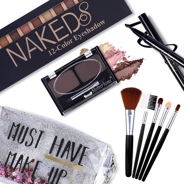 All in One Makeup Kit12 Colors Nude Shimmer Eyeshadow Palette Waterproof Black Eyeliner Pencil Duo Pressed Eyebrow Powder Kit 5 Brushes With Quicksand Cosmetic Bag Gift Set