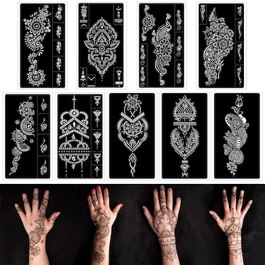Henna Tattoo Stencils kitReusable Henna Stencils for Hand Forearm Glitter Airbrush DIY Tattooing Template Indian Temporary Tattoo Stickers for Women Girls82 x 47