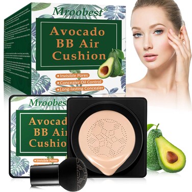 BB Mushroom Air Cushion Avocado BBCC Cream AllDay Lasting Nude Foundation Even Skin Tone Makeup Base Easy to Apply Thin Moist
