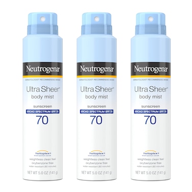 Neutrogena Sunscreen Spray Ultra Sheer Body Mist Broad Spectrum SPF 70 NonGreasy Water Resistant Body Sunscreen Mist NonComedogenic 5 oz Pack of 3
